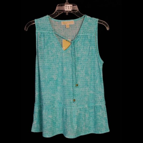 MICHAEL KORS SLEEVELESS PEPLUM HEM LOGO BLOUSE SIZE XS TURQUOISE NWT - Picture 1 of 6